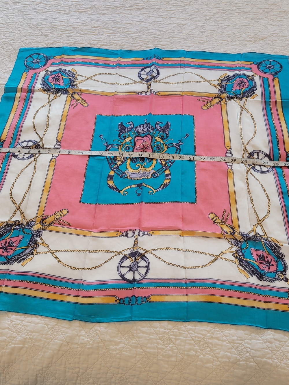 ALSA Spanish Silk Teal & Pink Nautical Rope & Wheel Old-world Print Scarf - Picture 7 of 11